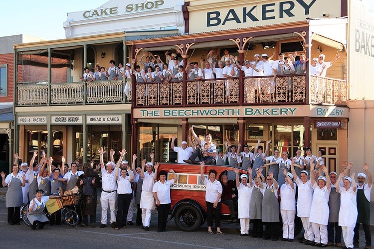 Bakers Cheering out the front of Beechworth Bakery