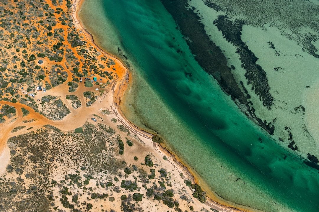 Aerial view of wilderness camping on Dirk Hartog Island National Park in the Shark Bay World Heritage Area