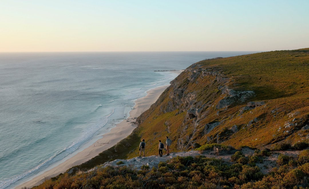 Aerial view of travellers exploring Contos Beach in the Margaret River Region.